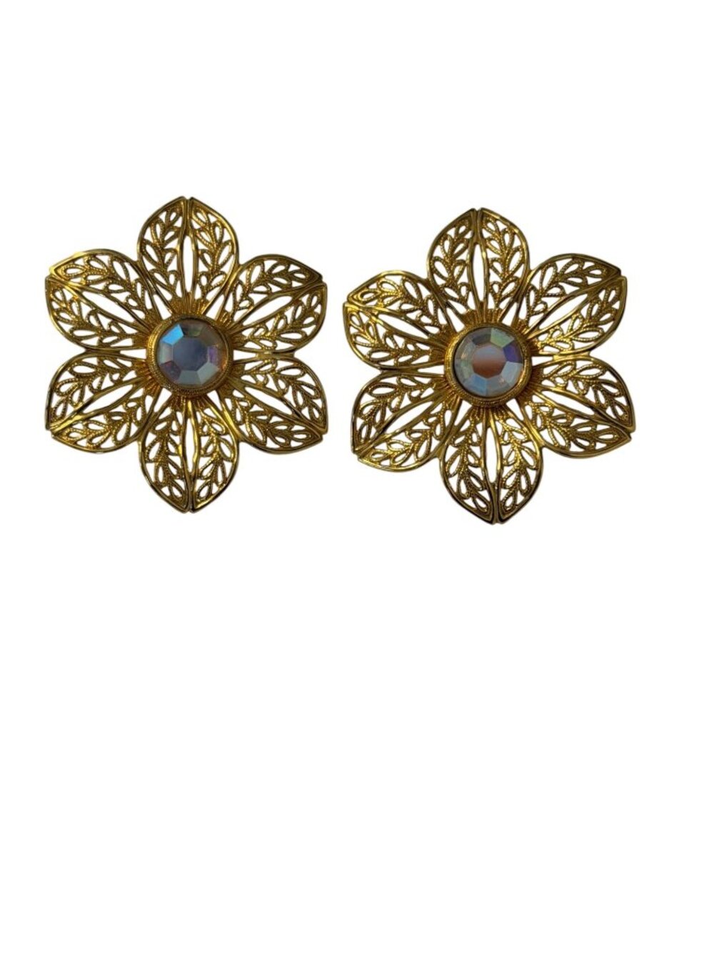 Vintage Gold Tone Filigree Flower Post Earrings Aurora Borealis Rhinestone Flora